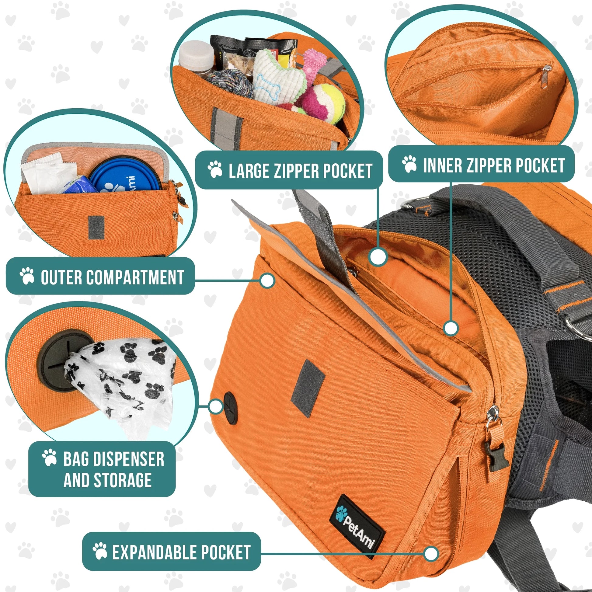 Dog Backpack Saddle Bag for Medium Large Dogs, Saddlebag for Dogs to Wear, Harness Saddlebag for Hiking with Reflective Safety Side Pockets, Vest Dog Pack for Camping Travel (Orange, Medium)