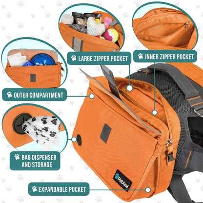 Dog Backpack Saddle Bag for Medium Large Dogs, Saddlebag for Dogs to Wear, Harness Saddlebag for Hiking with Reflective Safety Side Pockets, Vest Dog Pack for Camping Travel (Orange, Medium)