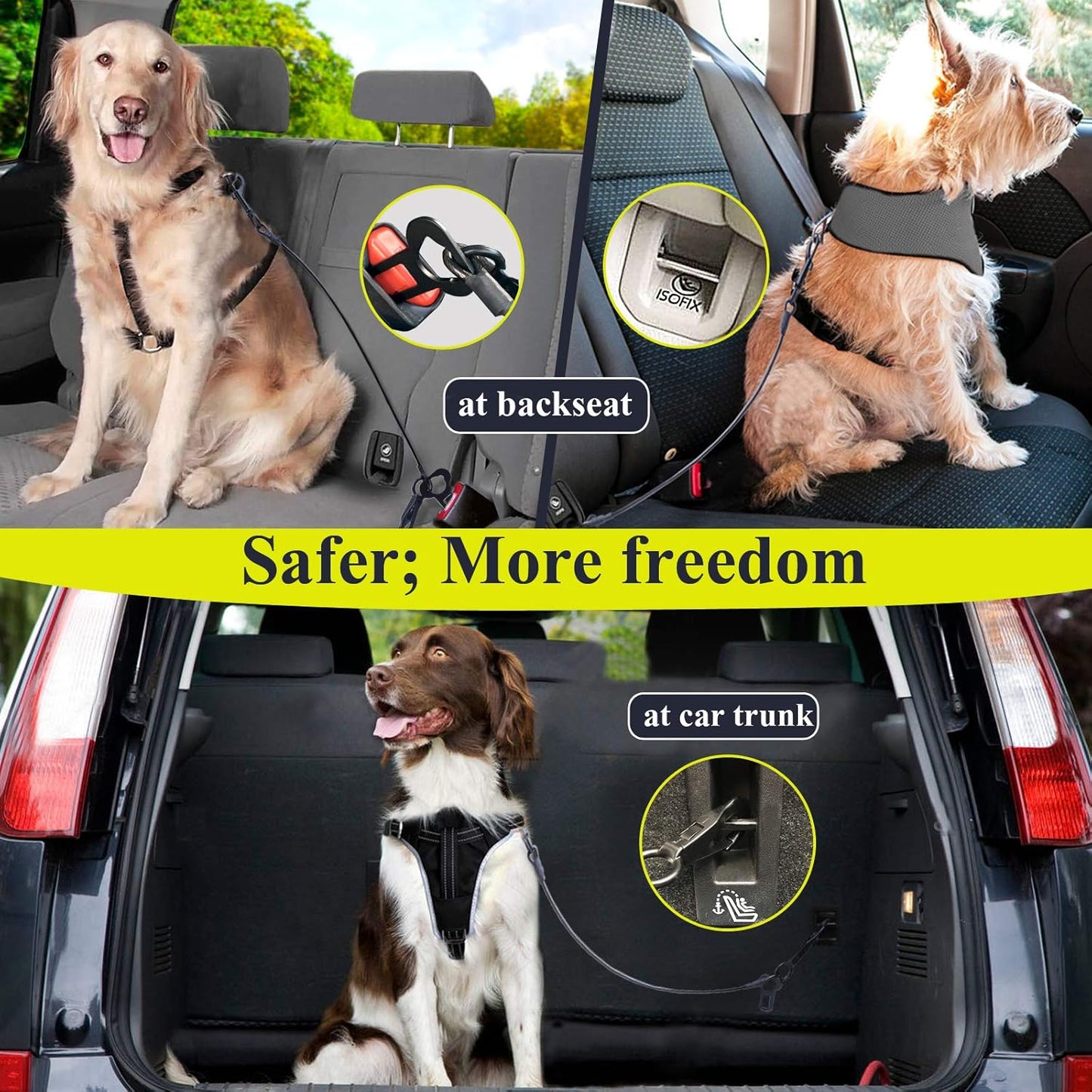Dog Seat Belt, Chew Proof Waterproof Multi-Functional Dogs Safety Belt, Heavy Duty Steel Rope Pet Car Seatbelt Rrestraint Harness for Medium Large Dogs, 33", Black