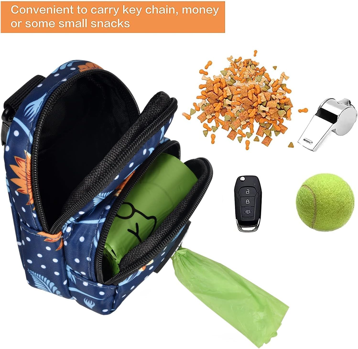 Dog Poop Bag Holder Treat Pouch for Dog Leash, Dog Waste Bag Dispenser Treats Storage Holder Training Pouch with Clip, Blue Dots & Flower