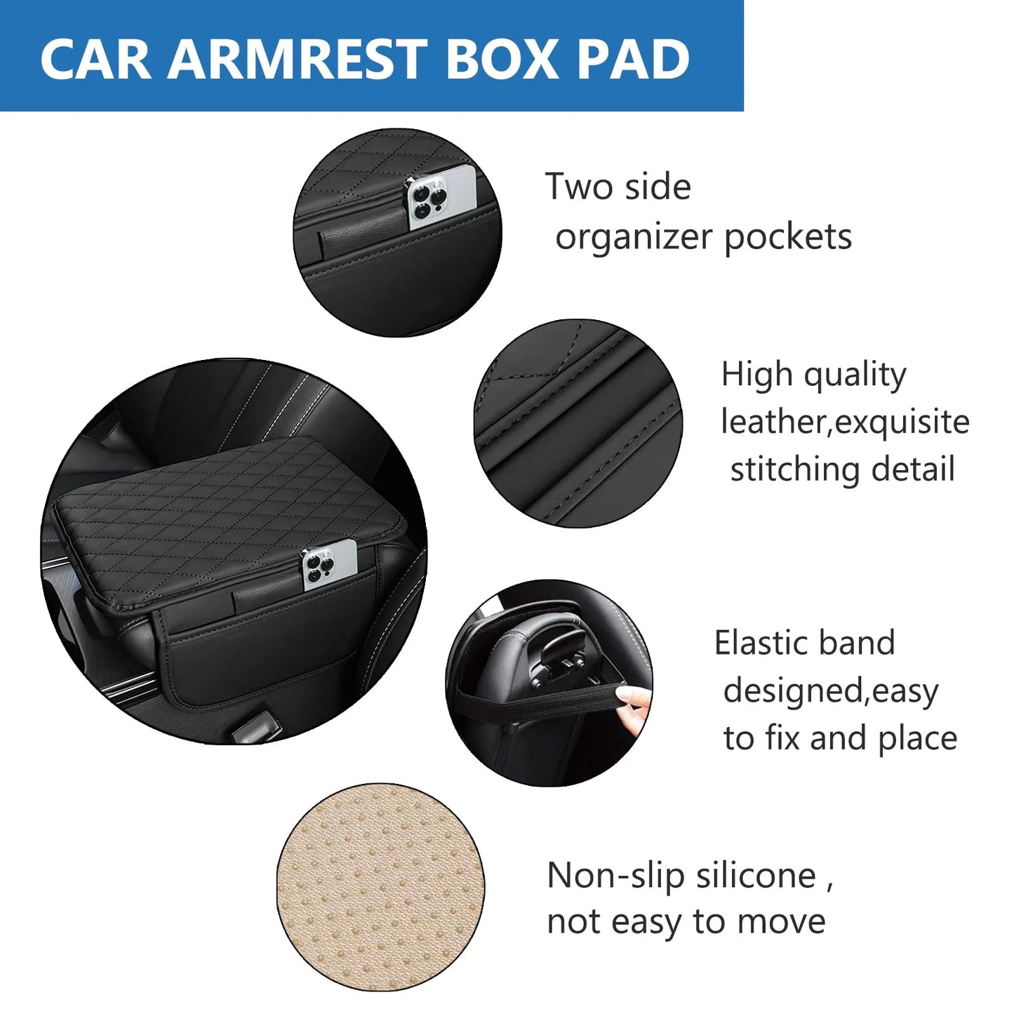 Car Center Console Cover Leather Armrest Cover Cushion with 2 Storage Bags Universal Car Armrest Seat Box Pad Car Interior Accessories Protector for Most Vehicle, Black