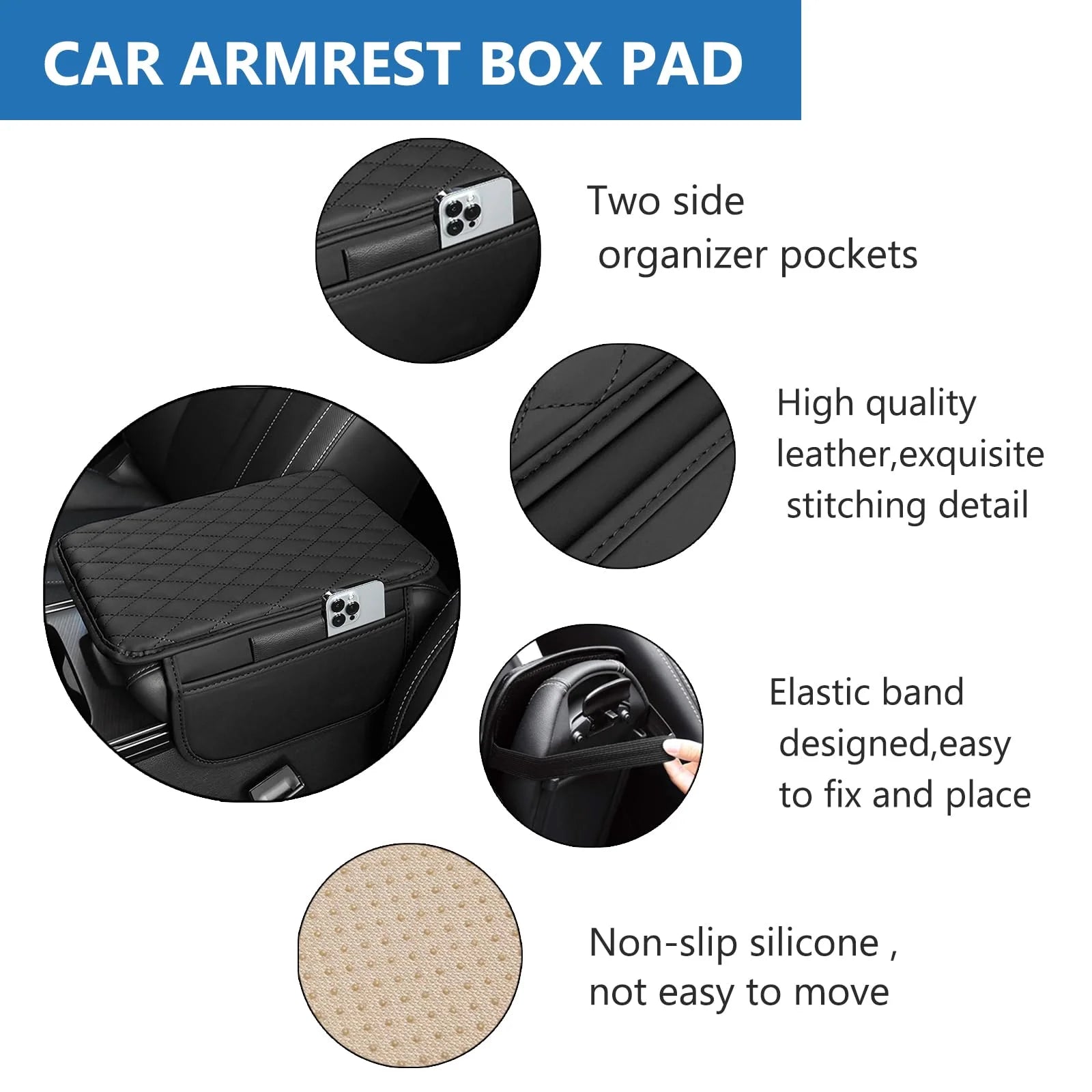 Car Center Console Cover Leather Armrest Cover Cushion with 2 Storage Bags Universal Car Armrest Seat Box Pad Car Interior Accessories Protector for Most Vehicle, Black