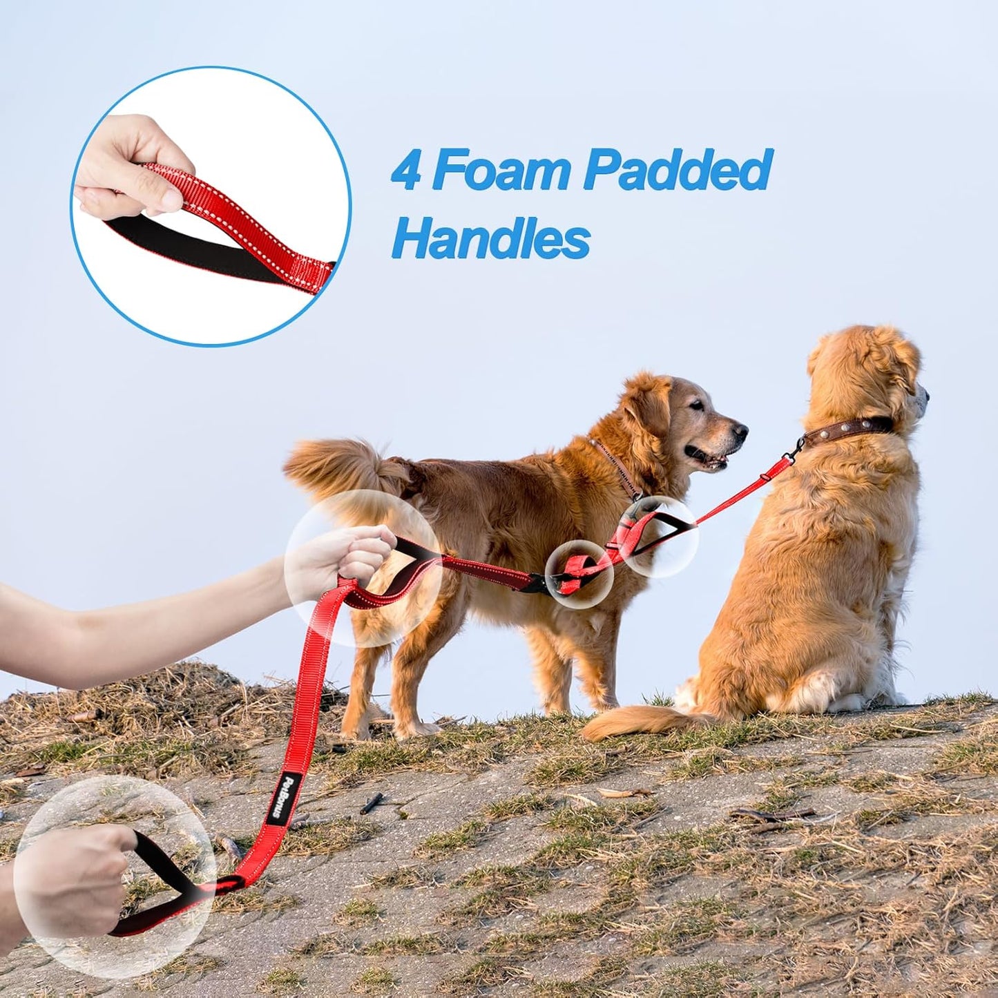 Double Dog Leash, No Tangle Dual Leash, Reflective Walking Training Lead, 4 Comfortable Padded Handles for 2 Dogs with Collapsible Bowl and Waste Bags (Red, Large)