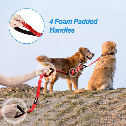 Double Dog Leash, No Tangle Dual Leash, Reflective Walking Training Lead, 4 Comfortable Padded Handles for 2 Dogs with Collapsible Bowl and Waste Bags (Red, Large)
