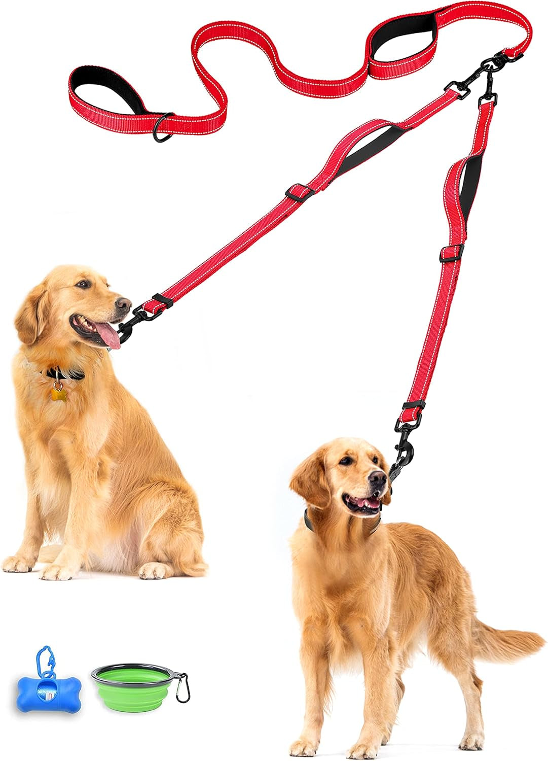 Double Dog Leash, No Tangle Dual Leash, Reflective Walking Training Lead, 4 Comfortable Padded Handles for 2 Dogs with Collapsible Bowl and Waste Bags (Red, Large)