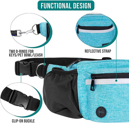 Dog Fanny Pack, Treat Pouch for Dog Walking, Training, Built in Poop Bag Dispenser, Water Bottle Holder, Collapsible Bowl, Pet Treat Waist Belt for Hiking, Running, Kibbles (Turquoise)