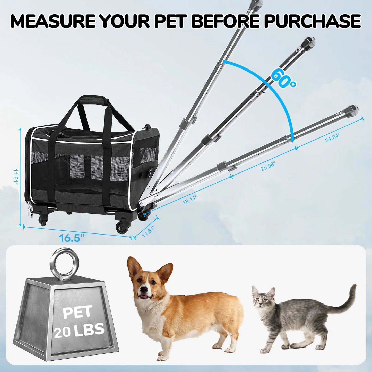 WFUN Rolling Pet Carrier with Wheels for Small Medium Dogs & Cats up to 20Lb for Travel Flight Camping Outdoor,Black
