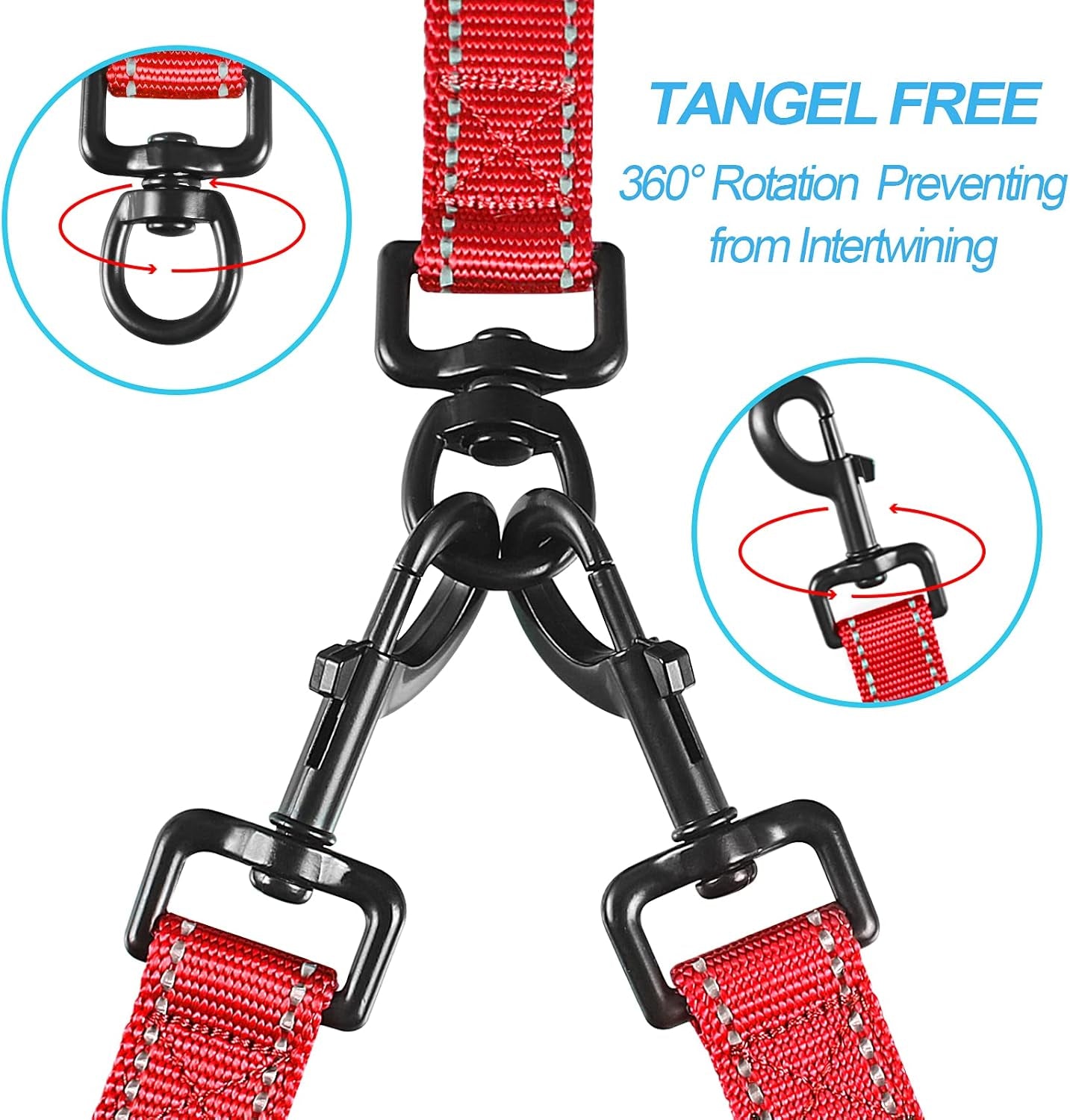 Double Dog Leash, No Tangle Dual Leash, Reflective Walking Training Lead, 4 Comfortable Padded Handles for 2 Dogs with Collapsible Bowl and Waste Bags (Red, Large)