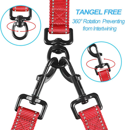 Double Dog Leash, No Tangle Dual Leash, Reflective Walking Training Lead, 4 Comfortable Padded Handles for 2 Dogs with Collapsible Bowl and Waste Bags (Red, Large)