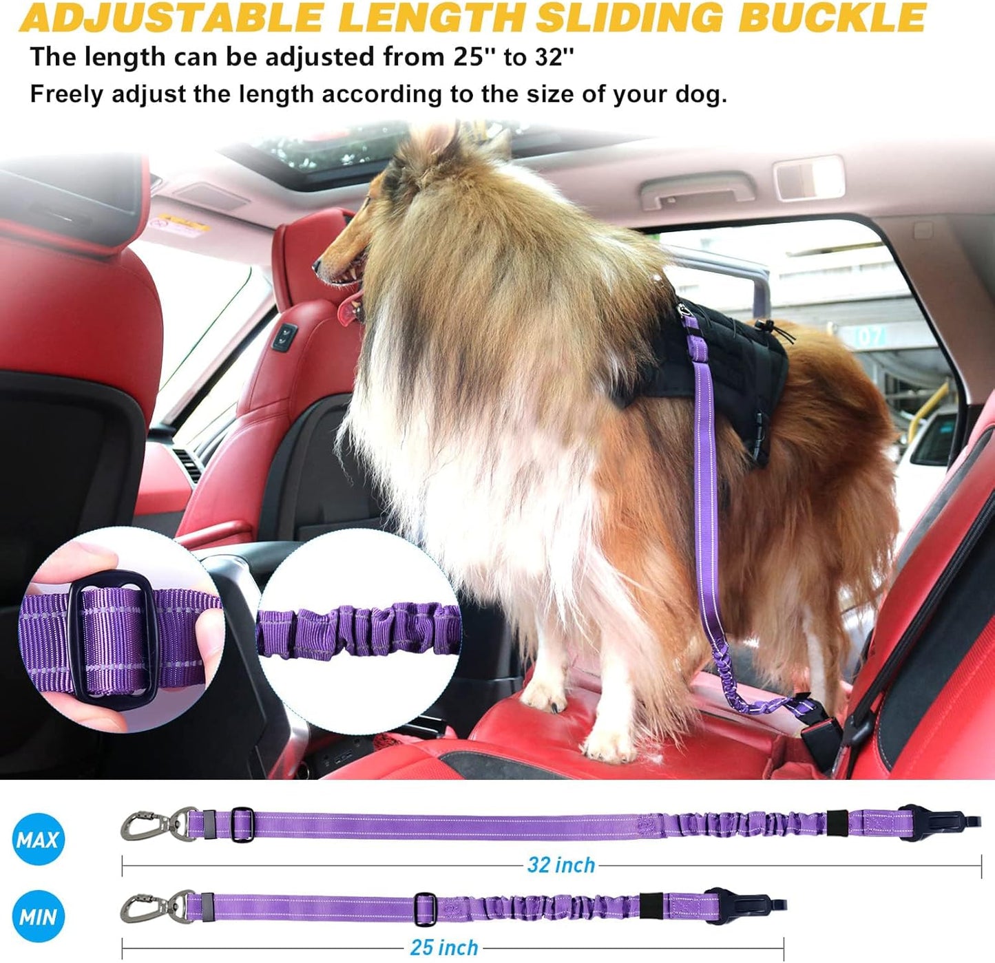 Dog Seat Belt for Car,Updated 3-In-1 Adjustable Reflective Bungee Heavy Duty Dog Car Harness Tether with Clip Hook Latch & Buckle,Swivel Zinc Alloy Carabiner,Purple