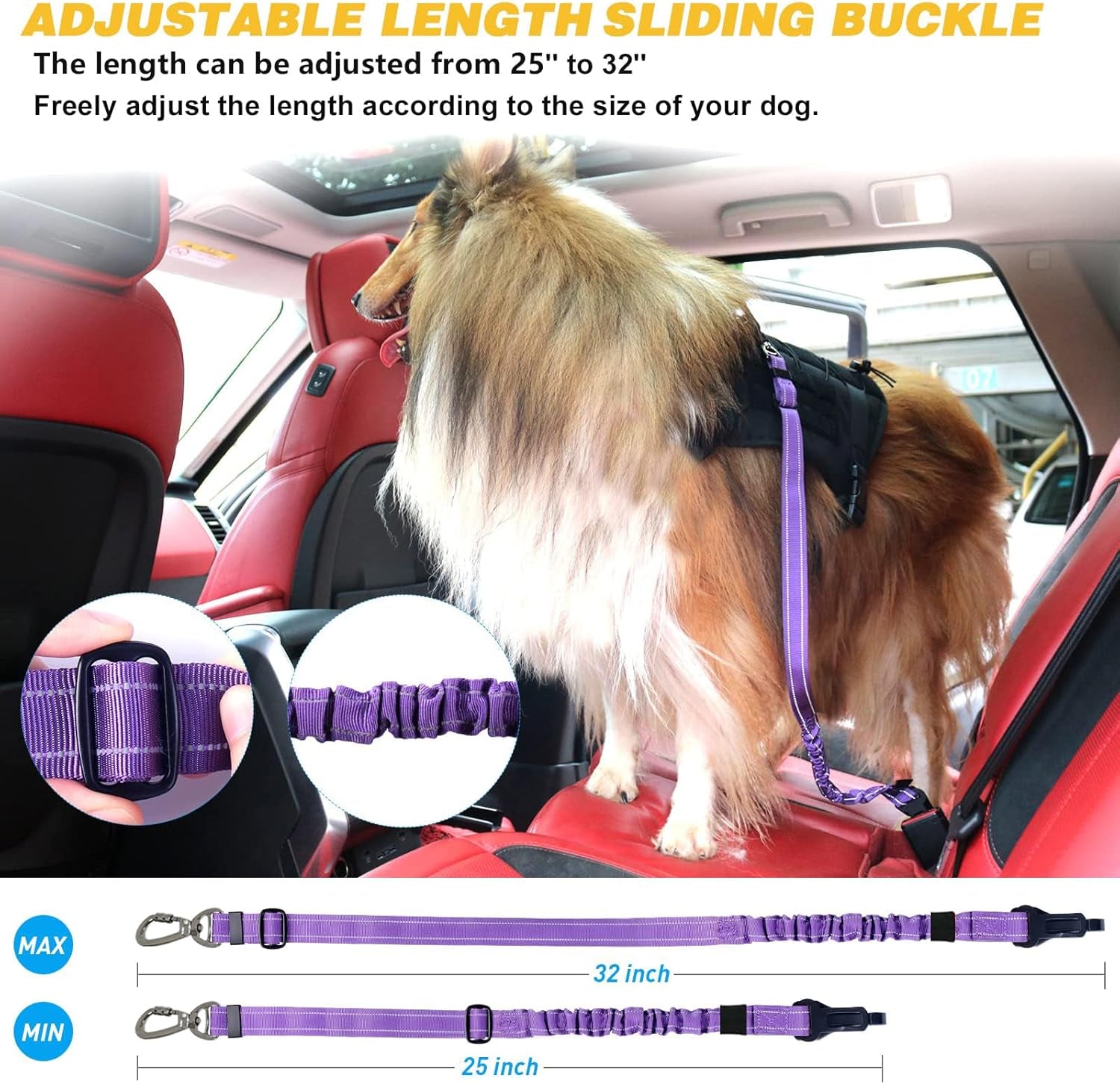 Dog Seat Belt for Car,Updated 3-In-1 Adjustable Reflective Bungee Heavy Duty Dog Car Harness Tether with Clip Hook Latch & Buckle,Swivel Zinc Alloy Carabiner,Purple