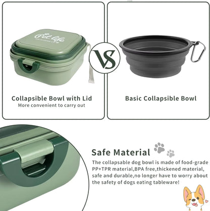 Collapsible Portable Dog Water Bowl and 2-in-1 Pet Food Feeder with Lid for Travel