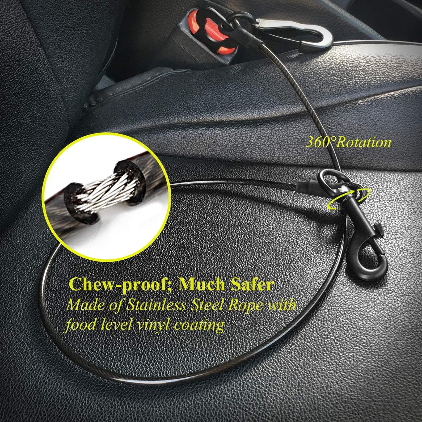 Dog Seat Belt, Chew Proof Waterproof Multi-Functional Dogs Safety Belt, Heavy Duty Steel Rope Pet Car Seatbelt Rrestraint Harness for Medium Large Dogs, 33", Black
