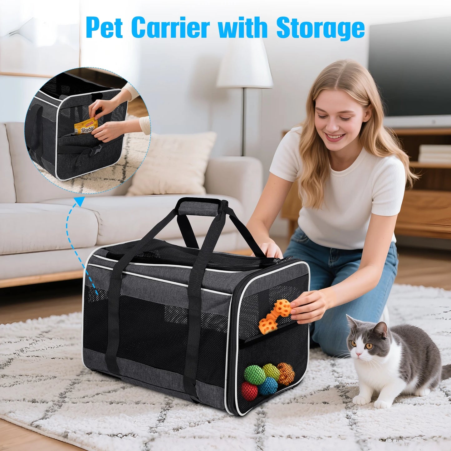WFUN Rolling Pet Carrier with Wheels for Small Medium Dogs & Cats up to 20Lb for Travel Flight Camping Outdoor,Black
