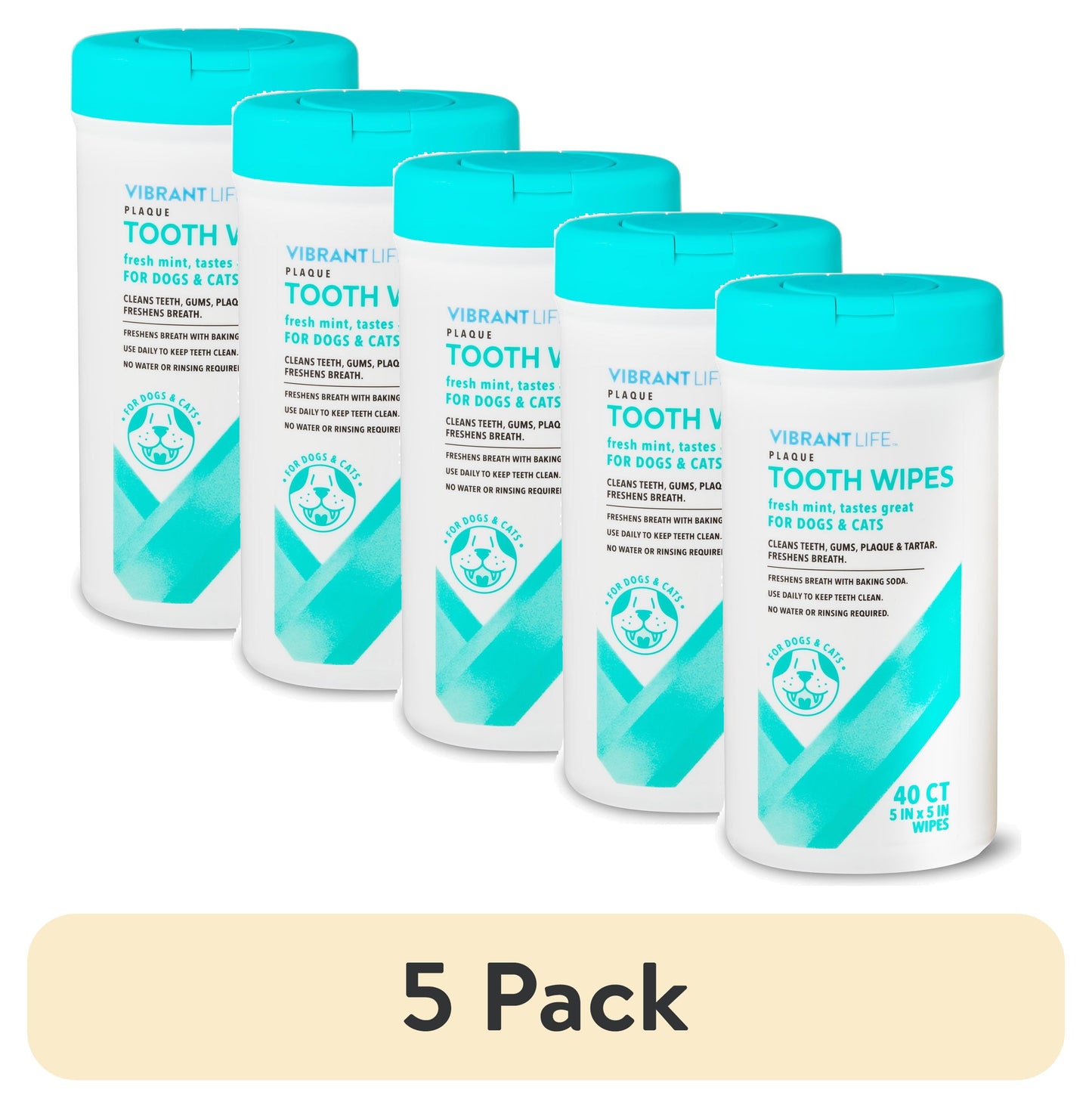 (5 Pack)  Plaque Tooth Wipes for Cats & Dogs, 40 Count for Cleaning Your Pets Teeth.