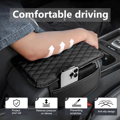 Car Center Console Cover Leather Armrest Cover Cushion with 2 Storage Bags Universal Car Armrest Seat Box Pad Car Interior Accessories Protector for Most Vehicle, Black