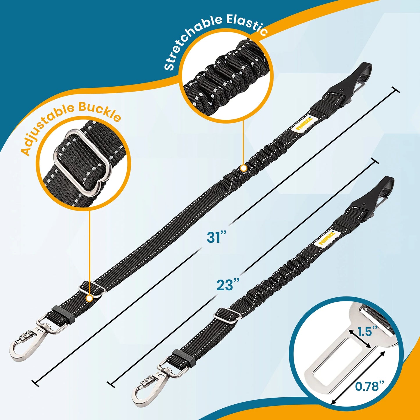 Elastic Dog Seat Belts for Cars, Pet Safety Harness, Adjustable Nylon Bungee, 2-Pack