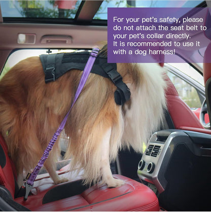 Dog Seat Belt for Car,Updated 3-In-1 Adjustable Reflective Bungee Heavy Duty Dog Car Harness Tether with Clip Hook Latch & Buckle,Swivel Zinc Alloy Carabiner,Purple