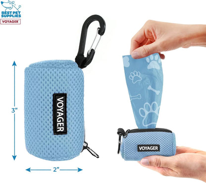 2Pk Dog Poop Bag Holder with Clip on for Leash, Soft Mesh Doggie Puppy Waste Bag Dispenser Pouch with 2 Rolls of Pet Trash Bags for Travel, Walking, and Outdoor Use - Baby Blue