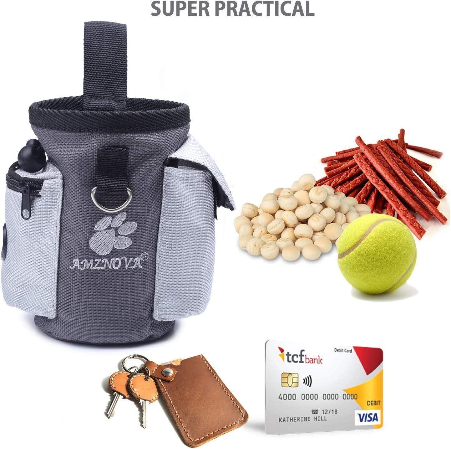 Dog Treat Bag Treatnow Dog Treat Pouch, Training Pouch with Waist Belt & Clicker for Training & Walking, Waist Clip on Snack Fanny Pack for Pet, 3Cups, Grey