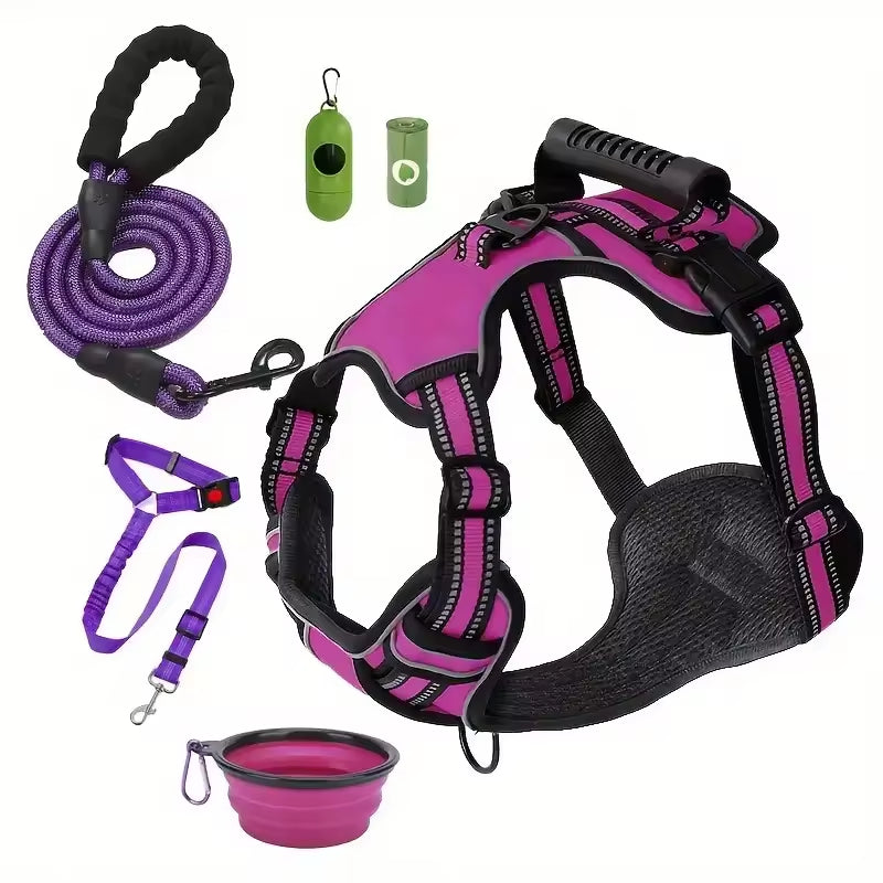 Dog Harness Strap Set, Car Seat Belt, Collapsible Bowl, Biodegradable Trash Bag Set For Dogs