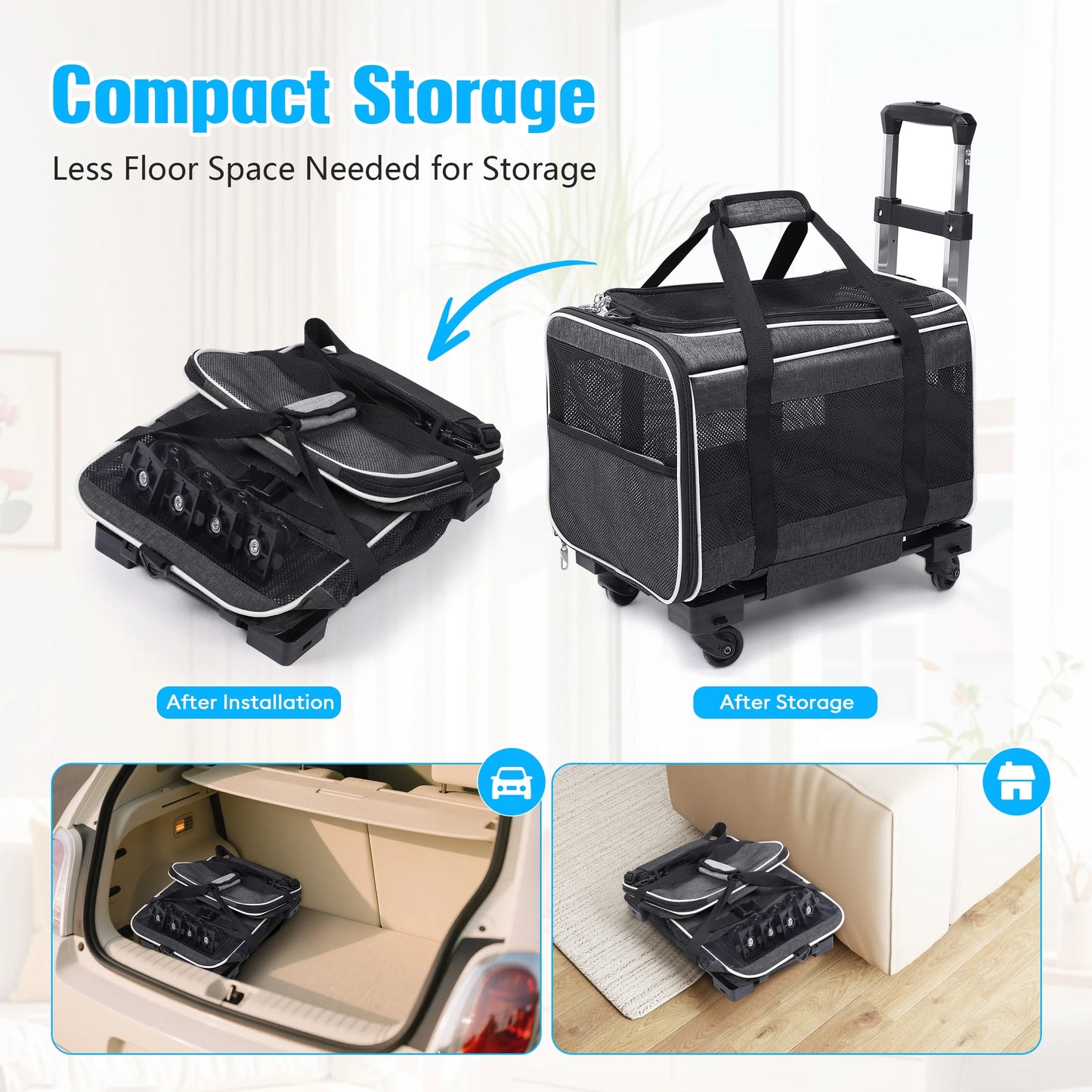 WFUN Rolling Pet Carrier with Wheels for Small Medium Dogs & Cats up to 20Lb for Travel Flight Camping Outdoor,Black