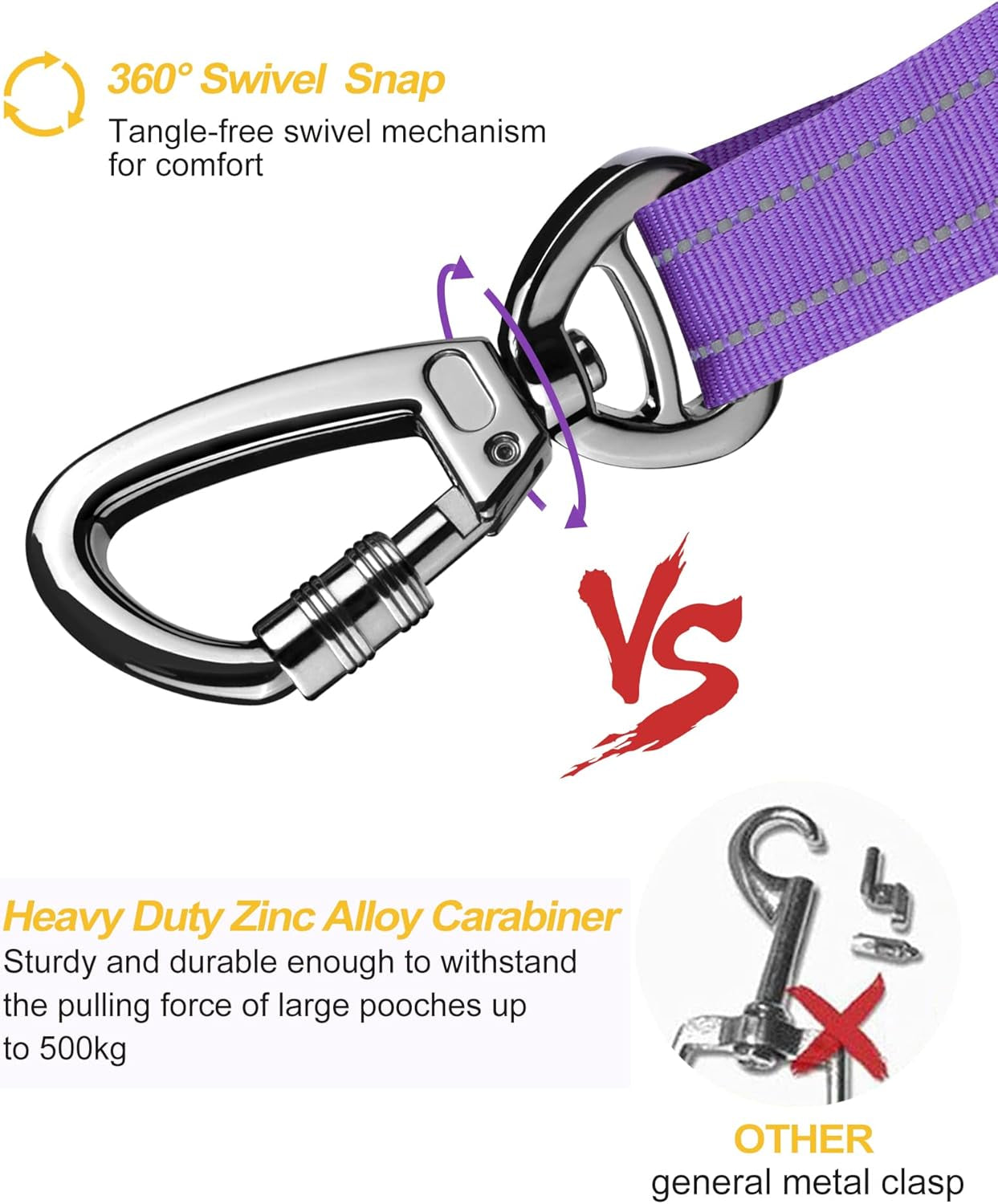 Dog Seat Belt for Car,Updated 3-In-1 Adjustable Reflective Bungee Heavy Duty Dog Car Harness Tether with Clip Hook Latch & Buckle,Swivel Zinc Alloy Carabiner,Purple