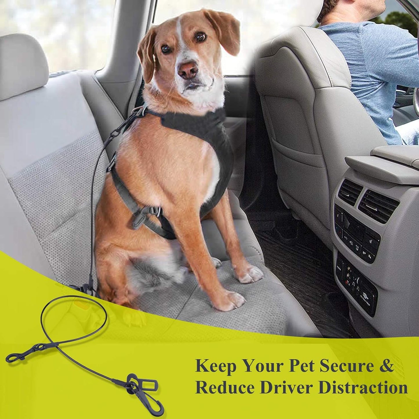Dog Seat Belt, Chew Proof Waterproof Multi-Functional Dogs Safety Belt, Heavy Duty Steel Rope Pet Car Seatbelt Rrestraint Harness for Medium Large Dogs, 33", Black