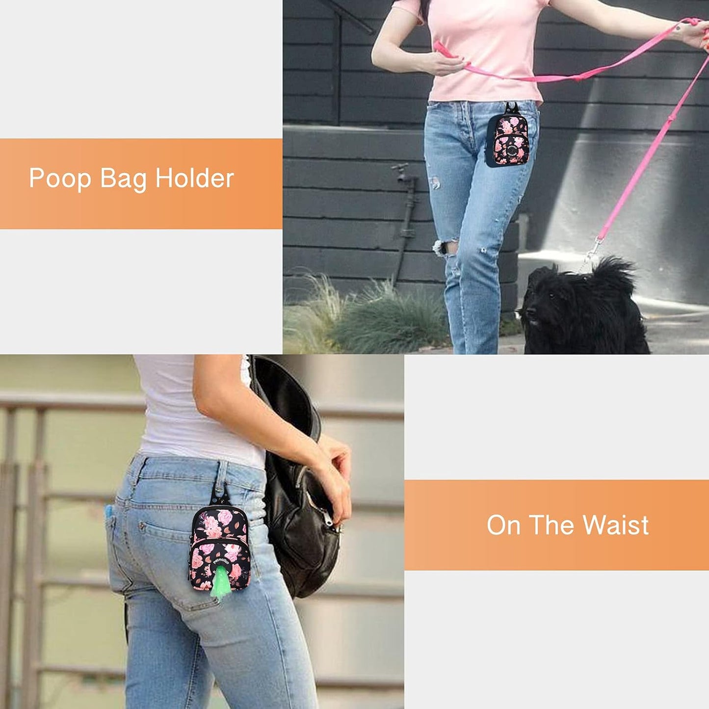 Dog Poop Bag Holder Treat Pouch for Dog Leash, Dog Waste Bag Dispenser Treats Storage Holder Training Pouch with Clip, Blue Dots & Flower