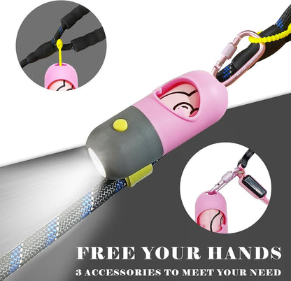 Dog Poop Bag Holder Dispenser with LED Flashlight - Night Visibility for Safe Evening Walks | Upgraded Hands-Free Leash Clip | Includes 15 Dog Waste Bags (Pink)