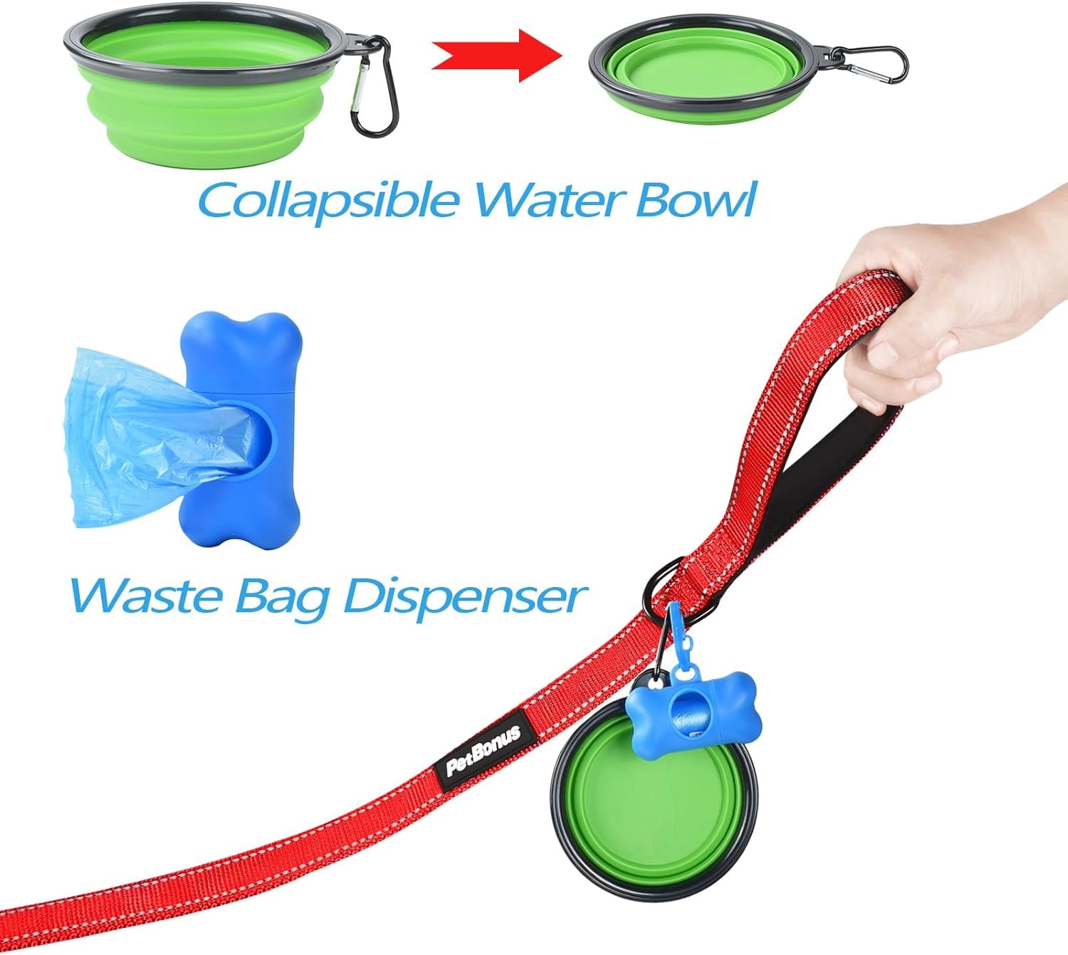 Double Dog Leash, No Tangle Dual Leash, Reflective Walking Training Lead, 4 Comfortable Padded Handles for 2 Dogs with Collapsible Bowl and Waste Bags (Red, Large)
