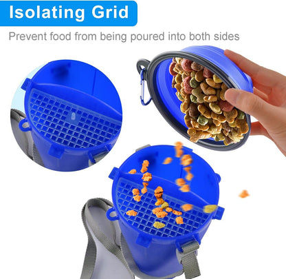 Dog Travel Water Bottle Collapsible Bowls, 2 in 1 Pet Food Container with Collapse Bowls, Outdoor Portable Water Bowls for Walking, Traveling, Camping and Hiking (Blue)