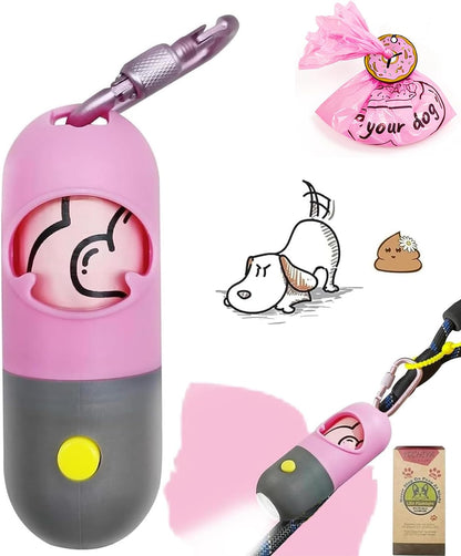 Dog Poop Bag Holder Dispenser with LED Flashlight - Night Visibility for Safe Evening Walks | Upgraded Hands-Free Leash Clip | Includes 15 Dog Waste Bags (Pink)