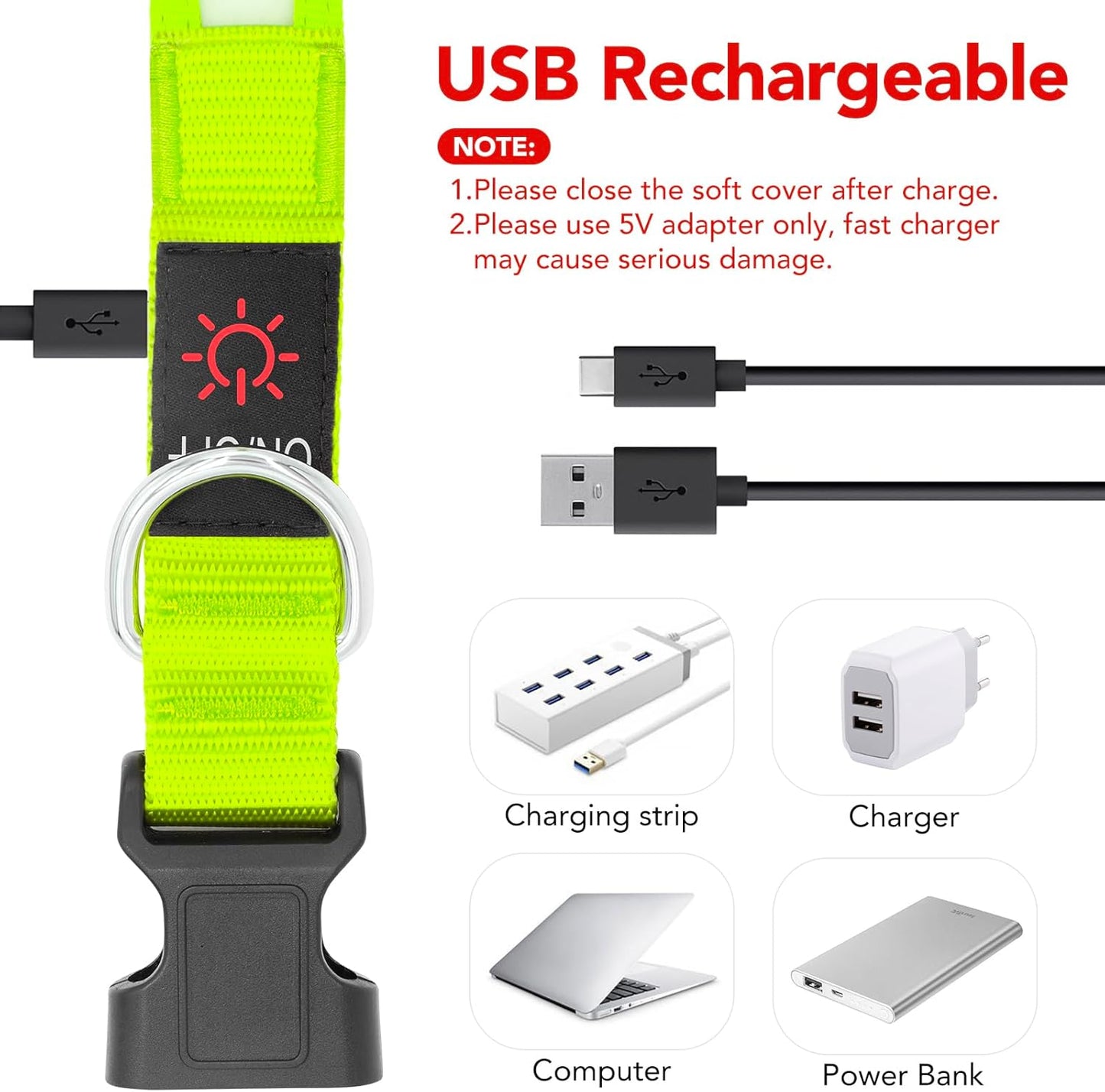 LED Dog Collar, Light up Dog Collar Adjustable USB Rechargeable Super Bright Safety Light Glowing Collars for Dogs(Medium,Green)