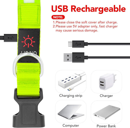 LED Dog Collar, Light up Dog Collar Adjustable USB Rechargeable Super Bright Safety Light Glowing Collars for Dogs(Medium,Green)