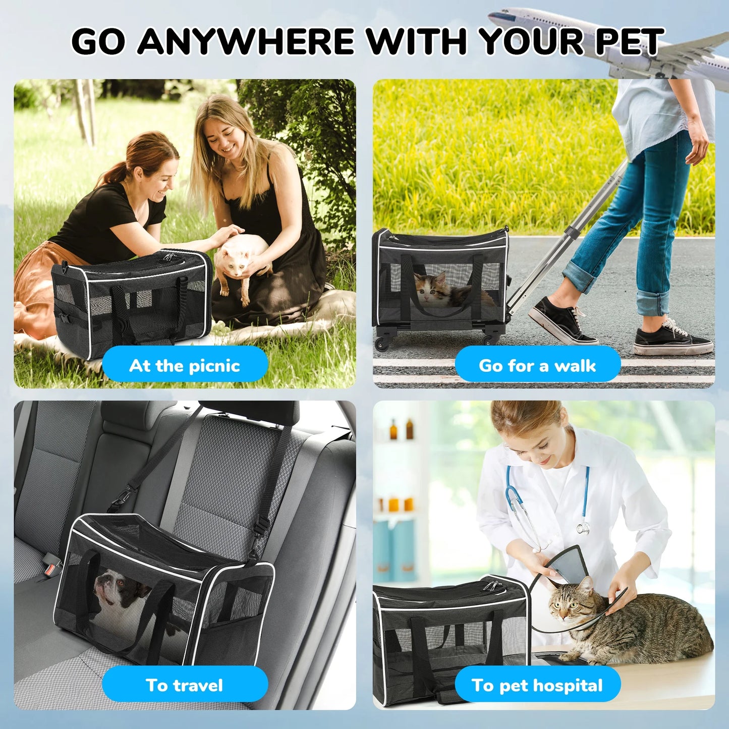 WFUN Rolling Pet Carrier with Wheels for Small Medium Dogs & Cats up to 20Lb for Travel Flight Camping Outdoor,Black