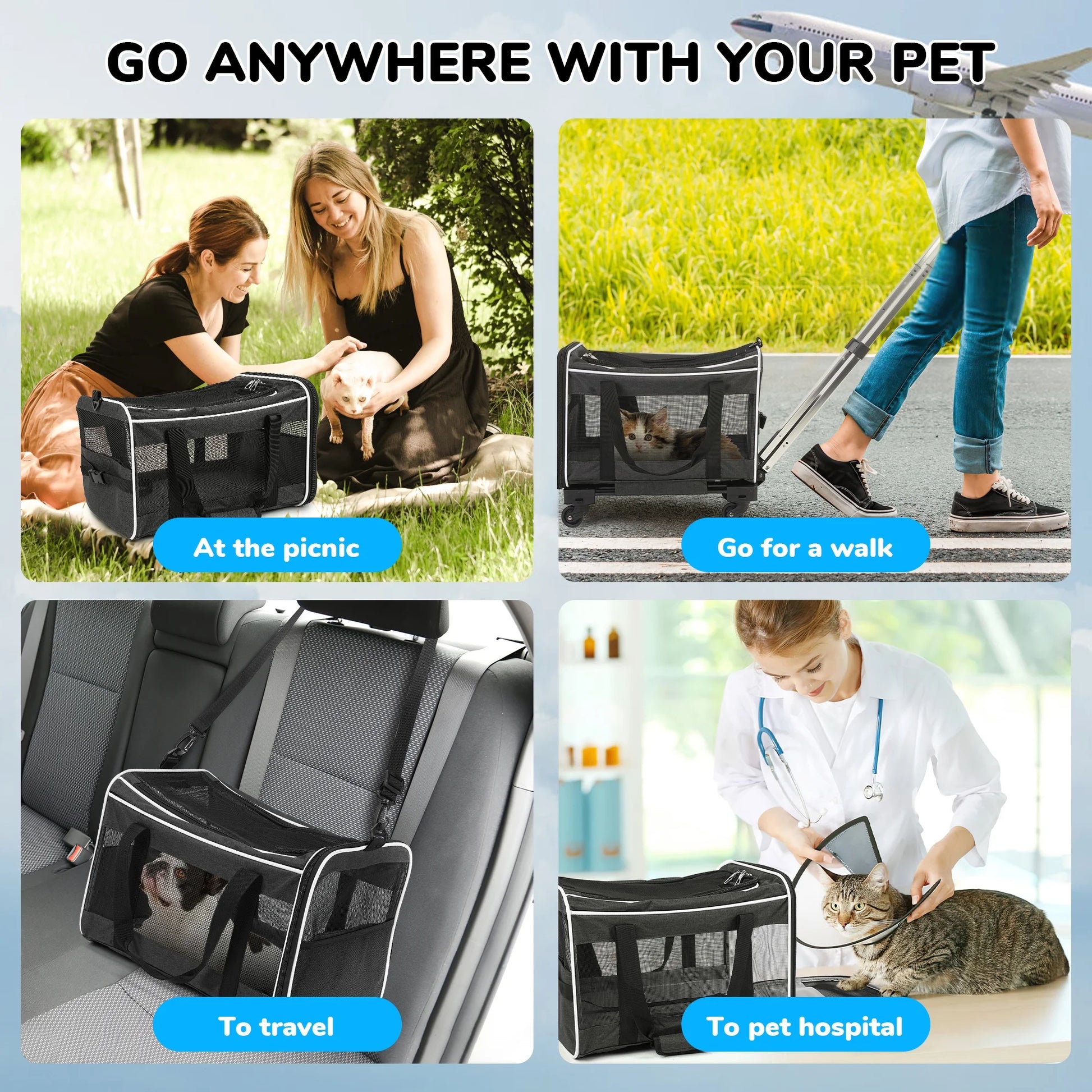 WFUN Rolling Pet Carrier with Wheels for Small Medium Dogs & Cats up to 20Lb for Travel Flight Camping Outdoor,Black
