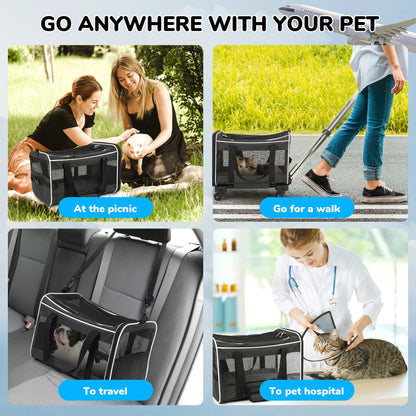 WFUN Rolling Pet Carrier with Wheels for Small Medium Dogs & Cats up to 20Lb for Travel Flight Camping Outdoor,Black