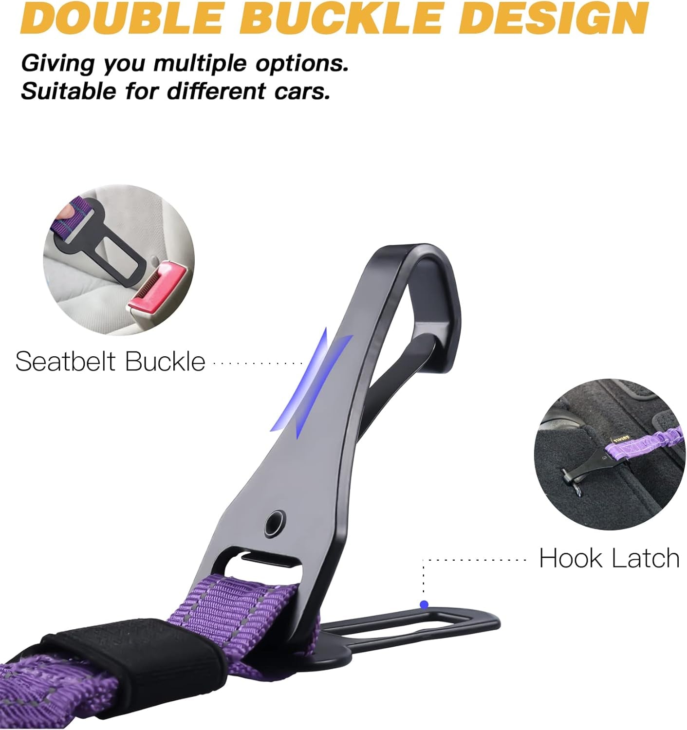 Dog Seat Belt for Car,Updated 3-In-1 Adjustable Reflective Bungee Heavy Duty Dog Car Harness Tether with Clip Hook Latch & Buckle,Swivel Zinc Alloy Carabiner,Purple