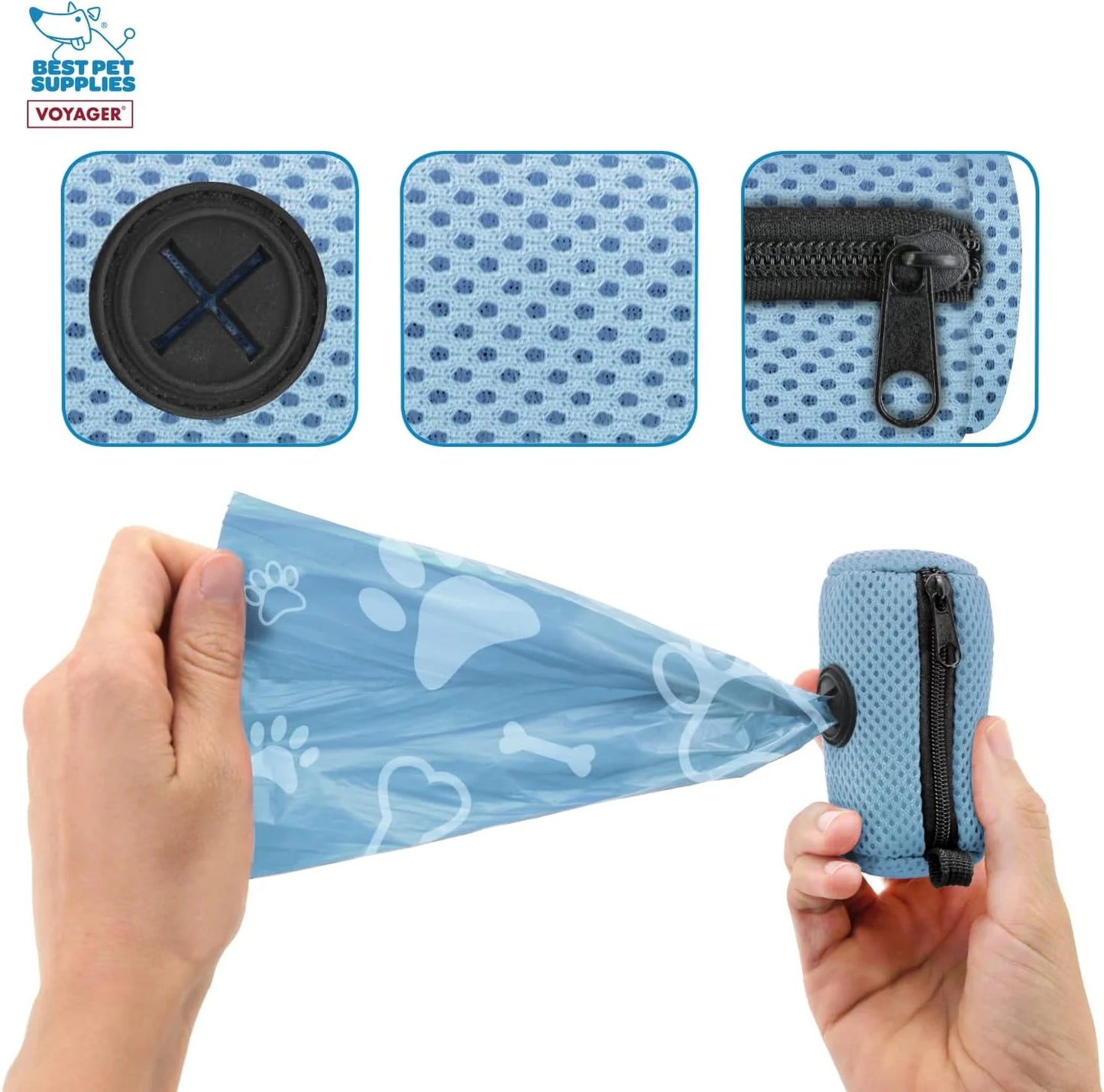 2Pk Dog Poop Bag Holder with Clip on for Leash, Soft Mesh Doggie Puppy Waste Bag Dispenser Pouch with 2 Rolls of Pet Trash Bags for Travel, Walking, and Outdoor Use - Baby Blue