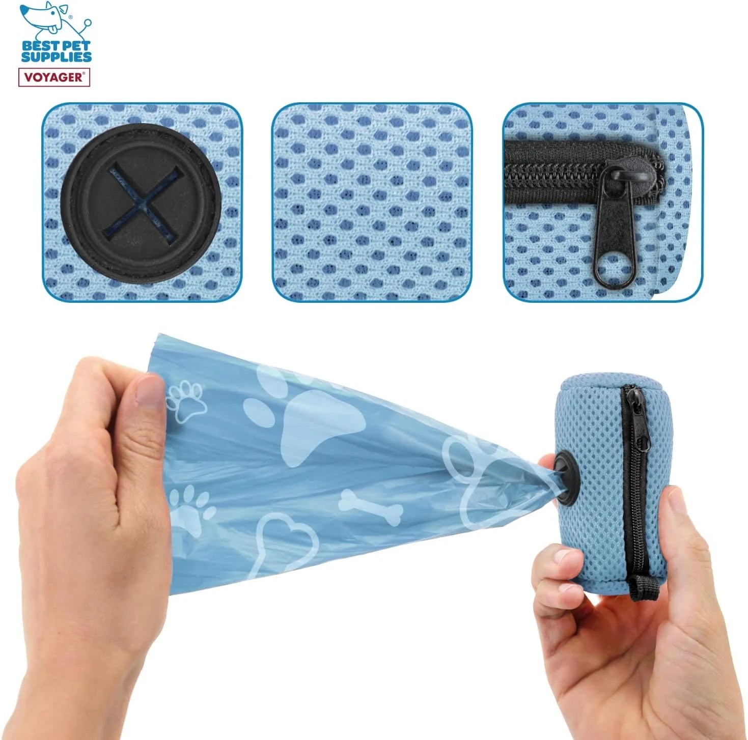 2Pk Dog Poop Bag Holder with Clip on for Leash, Soft Mesh Doggie Puppy Waste Bag Dispenser Pouch with 2 Rolls of Pet Trash Bags for Travel, Walking, and Outdoor Use - Baby Blue
