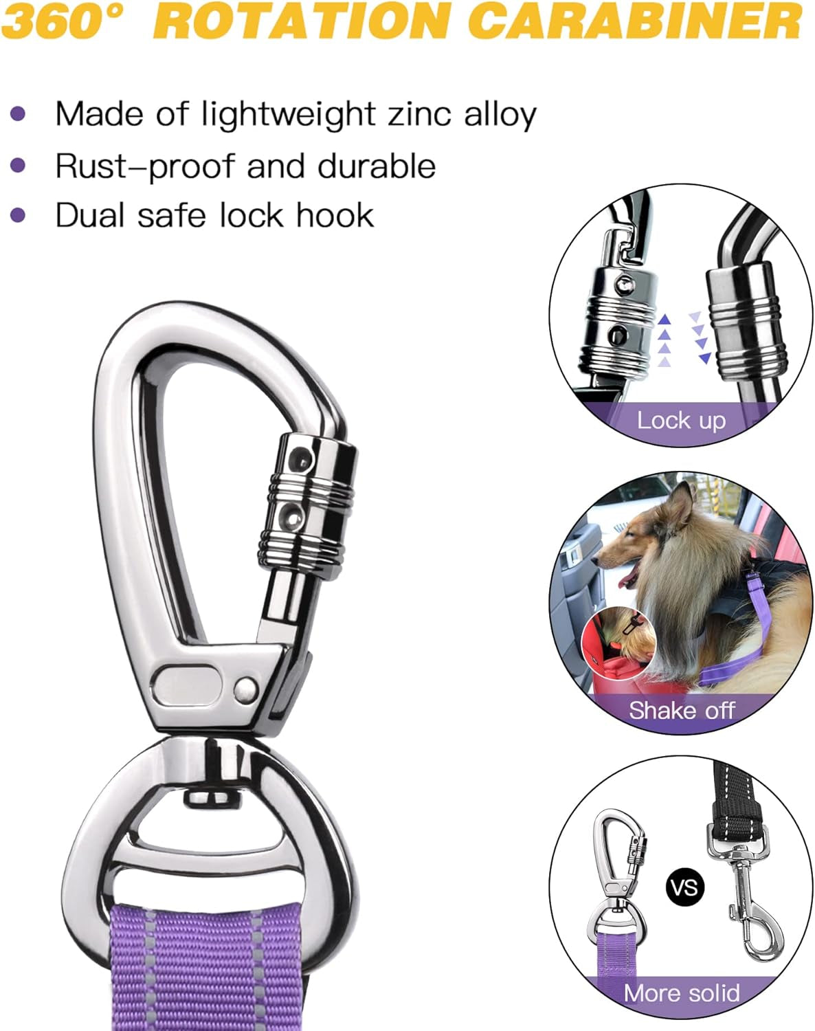Dog Seat Belt for Car,Updated 3-In-1 Adjustable Reflective Bungee Heavy Duty Dog Car Harness Tether with Clip Hook Latch & Buckle,Swivel Zinc Alloy Carabiner,Purple