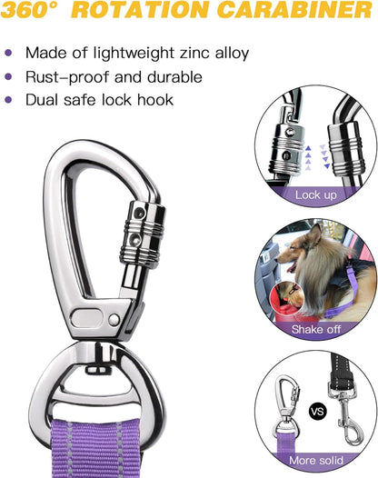 Dog Seat Belt for Car,Updated 3-In-1 Adjustable Reflective Bungee Heavy Duty Dog Car Harness Tether with Clip Hook Latch & Buckle,Swivel Zinc Alloy Carabiner,Purple