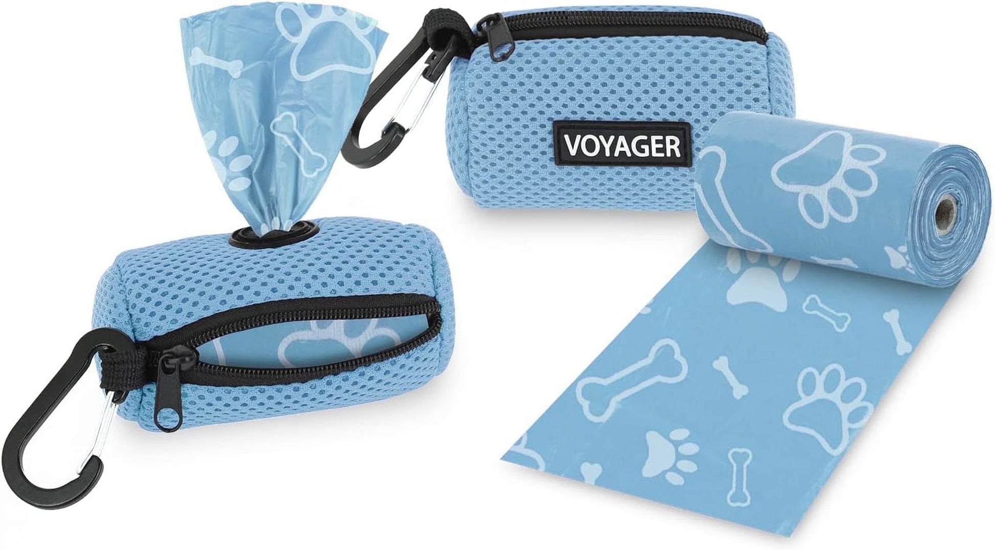 2Pk Dog Poop Bag Holder with Clip on for Leash, Soft Mesh Doggie Puppy Waste Bag Dispenser Pouch with 2 Rolls of Pet Trash Bags for Travel, Walking, and Outdoor Use - Baby Blue