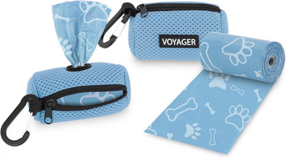 2Pk Dog Poop Bag Holder with Clip on for Leash, Soft Mesh Doggie Puppy Waste Bag Dispenser Pouch with 2 Rolls of Pet Trash Bags for Travel, Walking, and Outdoor Use - Baby Blue