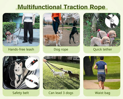 Hands Free Dog Leash Dual Bungee Adjustable Waist Belt Running Walking