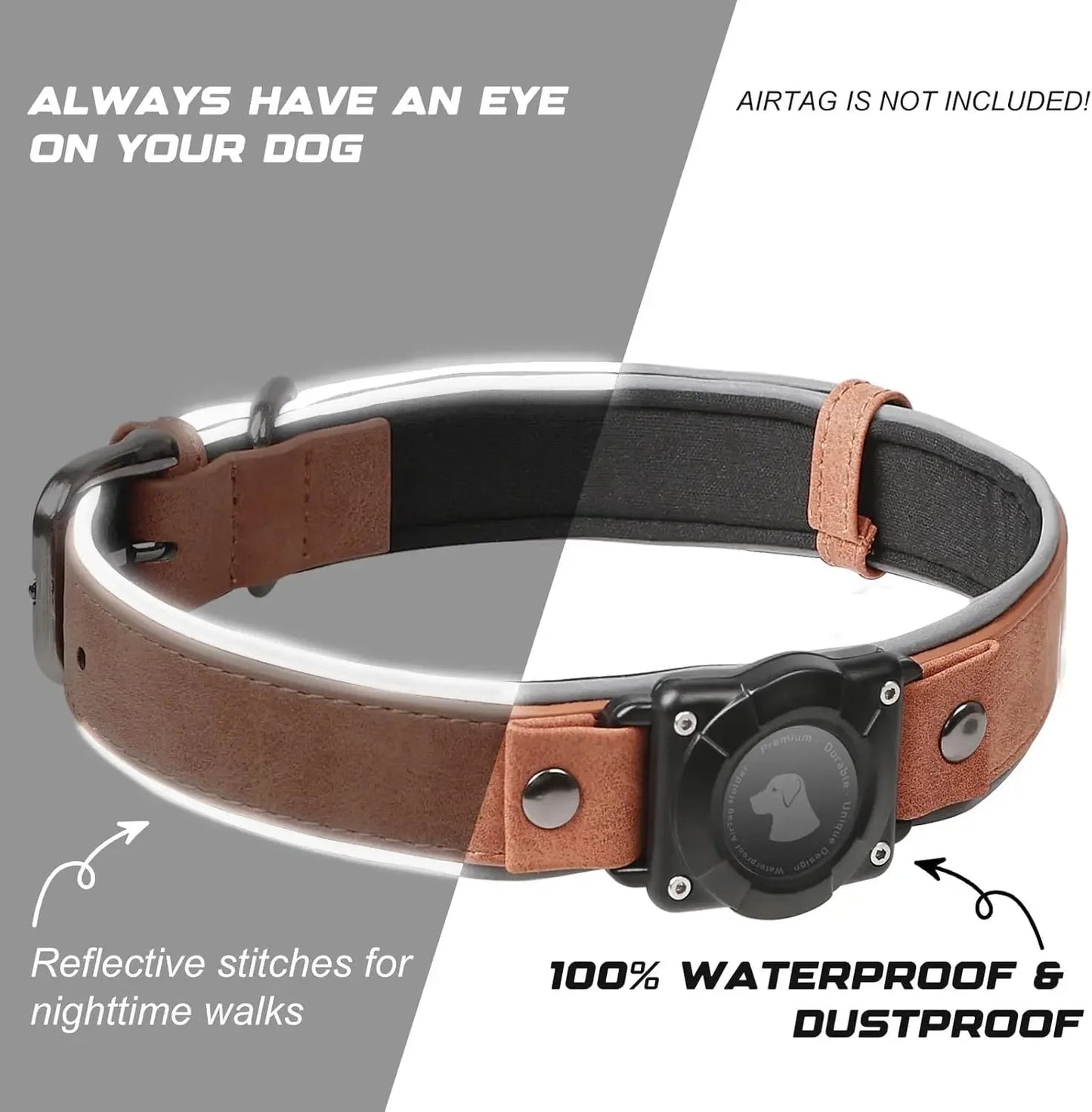 Leather AirTag Dog Collar - Elegant Design with Built-In Holder for Enhanced Pet Safety
