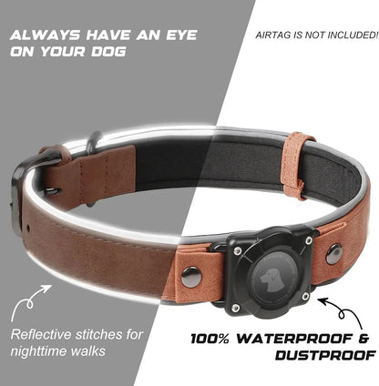 Leather AirTag Dog Collar - Elegant Design with Built-In Holder for Enhanced Pet Safety