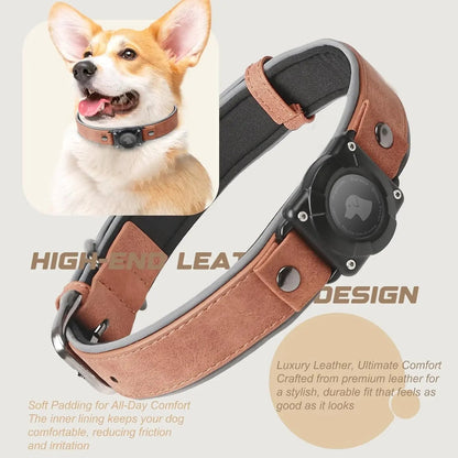 Leather AirTag Dog Collar - Elegant Design with Built-In Holder for Enhanced Pet Safety