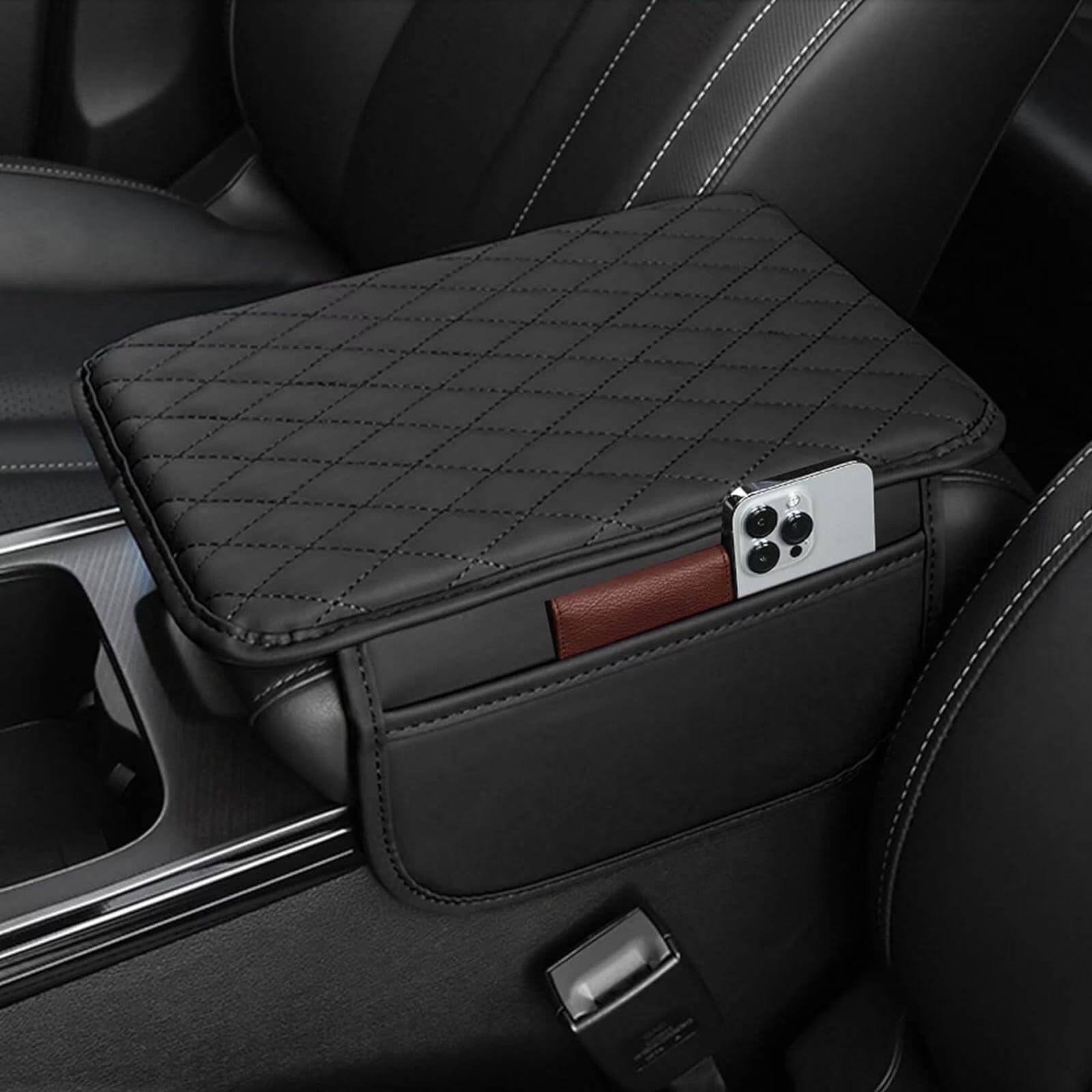 Car Center Console Cover Leather Armrest Cover Cushion with 2 Storage Bags Universal Car Armrest Seat Box Pad Car Interior Accessories Protector for Most Vehicle, Black